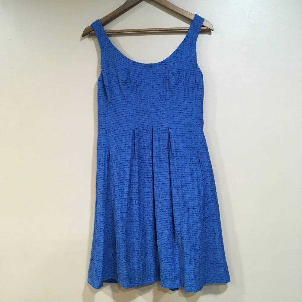 Chaps Pleated Fit & Flare Dress Women 4 Blue Preppy Classic Nautical Office Work